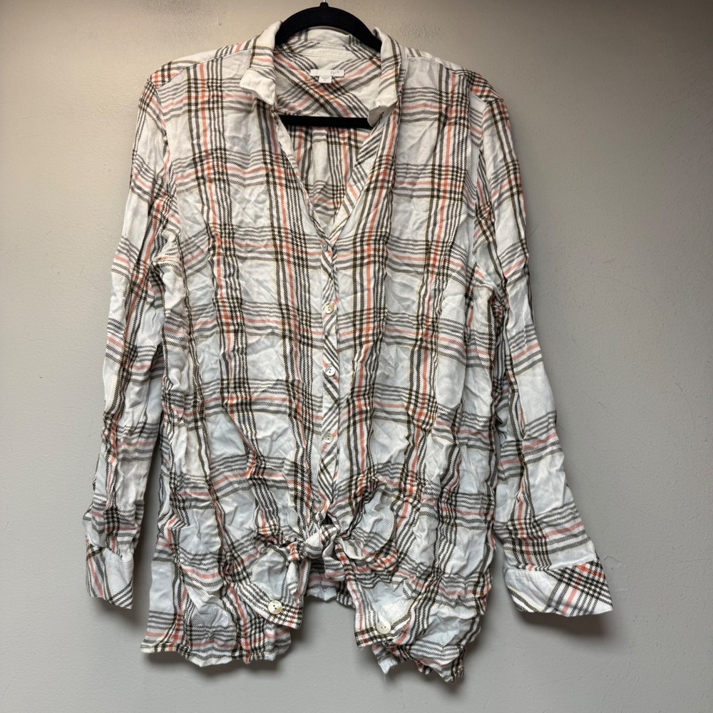 J.Jill Button Down Women XL White Plaid Excellent Tie Front Rayon Top